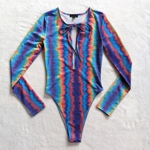 Club Exx Rainbow Tie Dye Deep Keyhole Bodysuit NWT Size Small